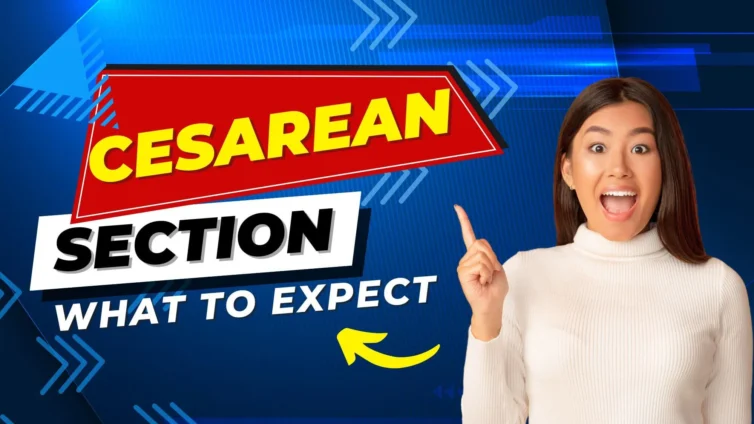 A woman pointing to the words "Cesarean section" to inform about what happens during a delivery.