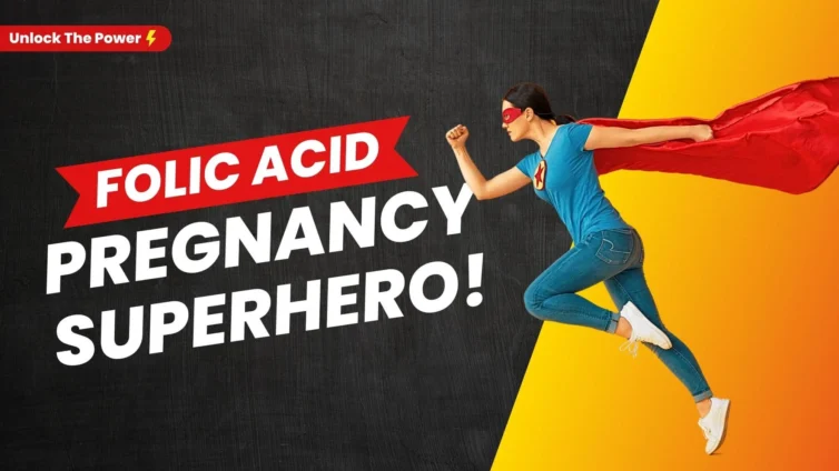 A woman emphasizing the importance of folic acid during pregnancy by wearing a red cape with the words "pregnancy superhero.