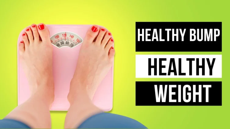 A woman's feet on a scale with the words healthy bump and normal weight gain during pregnancy.