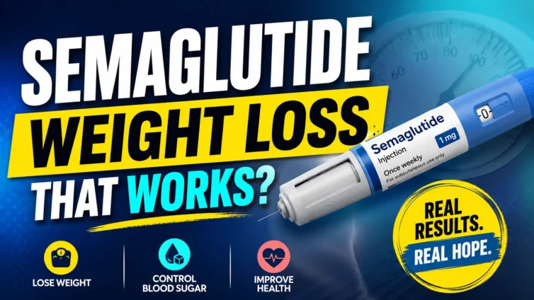 Semaglutide injection pen with text promoting weight loss, blood sugar control, and improved health; features the keyword “Semaglutide” and includes “Real results. Real hope.” in a yellow circle.