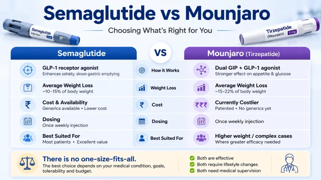 Semaglutide for Weight Loss: Should You Consider It? 3 Comparison chart of Semaglutide and Mounjaro for weight loss, showing differences in how they work, cost, dosing, and effectiveness—including considerations for individuals with conditions such as intrauterine growth restriction—with icons and summary points for each medication.