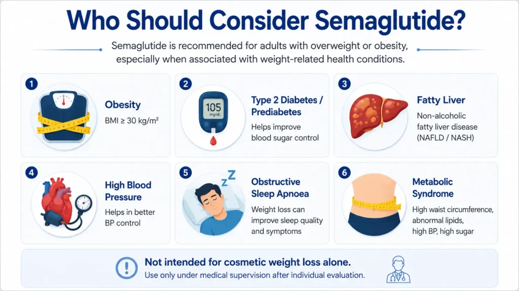 Semaglutide for Weight Loss: Should You Consider It? 2 Infographic listing seven health conditions—intrauterine growth restriction, obesity, diabetes, fatty liver, high blood pressure, sleep apnea, and high cardiovascular risk—where semaglutide may be considered, with related icons and descriptions.